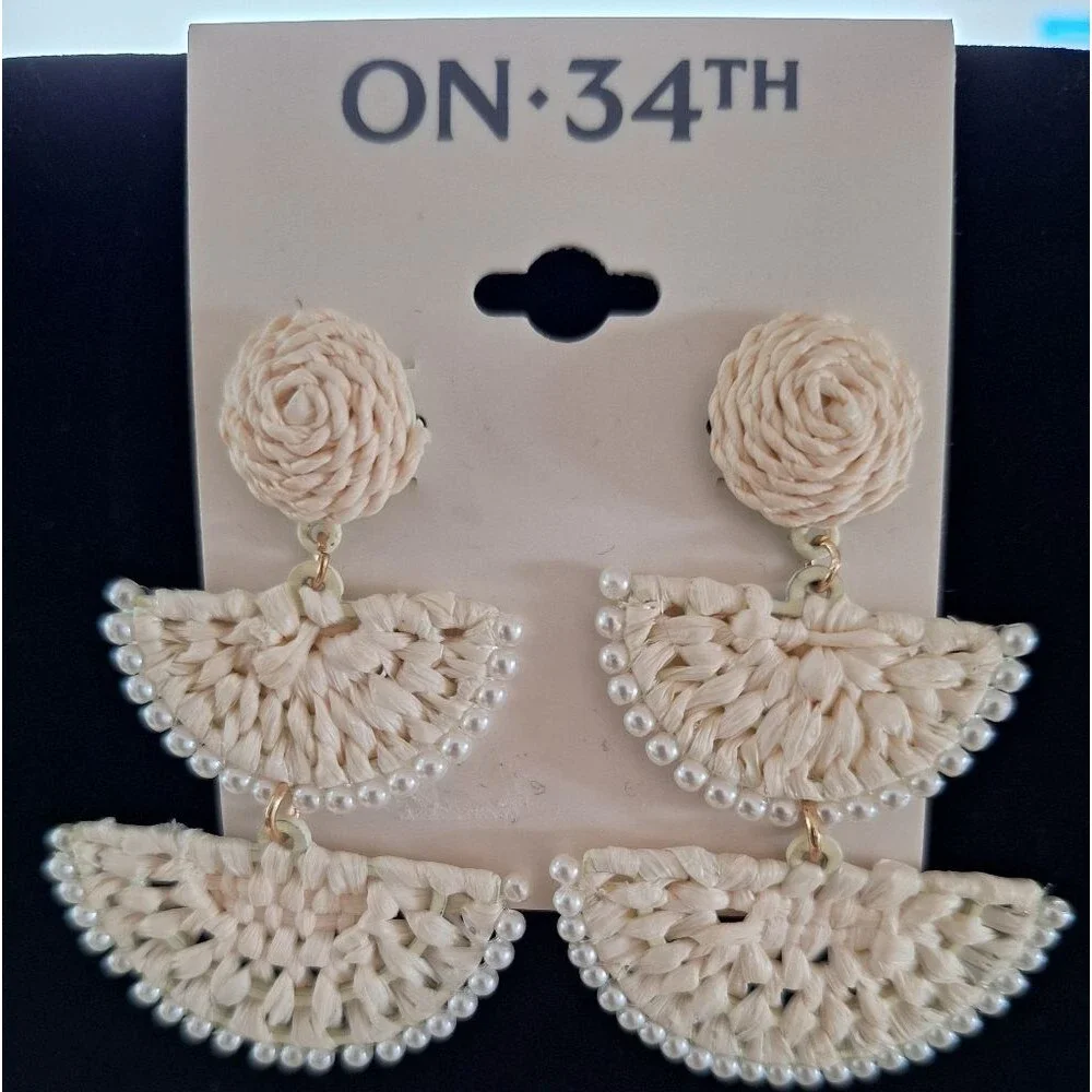 Cream Woven Raffia Drop Tower Earrings Hardware Goldtone, ON 34TH